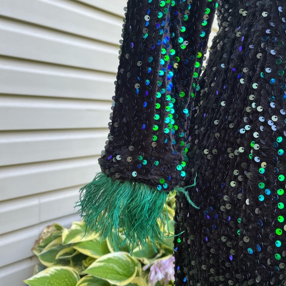 New Miss Ord Off Shoulder Feather Longsleeve Sequin Evening Maxi Dress Gown - Picture 11 of 12